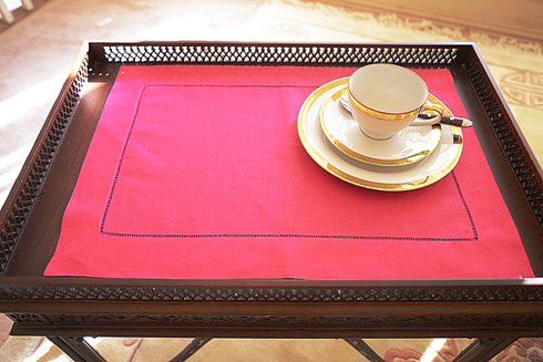 Pink Peacock color Hemstitch Placemat 14"x20". Ramie & Cotton - Click Image to Close